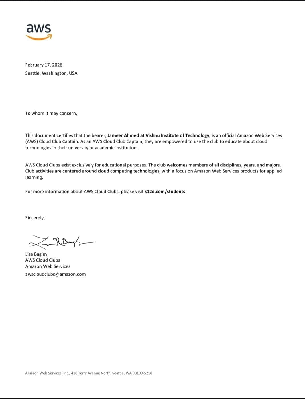 Affiliation Letter — AWS